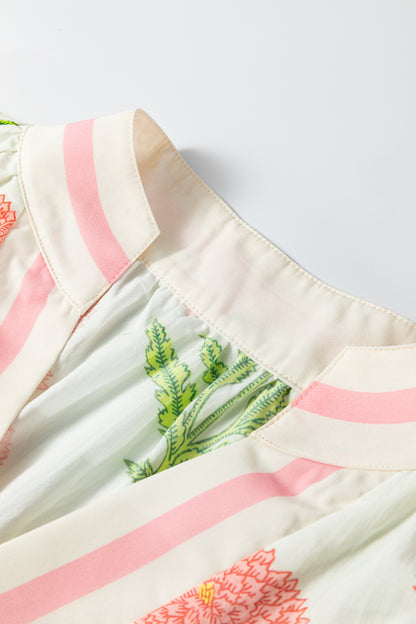 Flower Contrast V-Neck 3/4 Sleeve Blouse