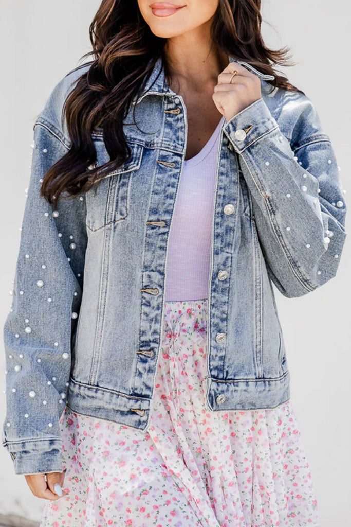Denim Pearl Beaded Buttoned Jacket