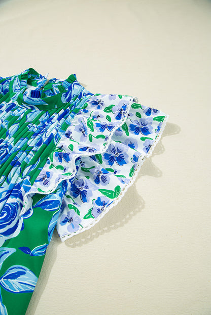 Floral Lace Trim Ruffle Sleeve Pleated Blouse