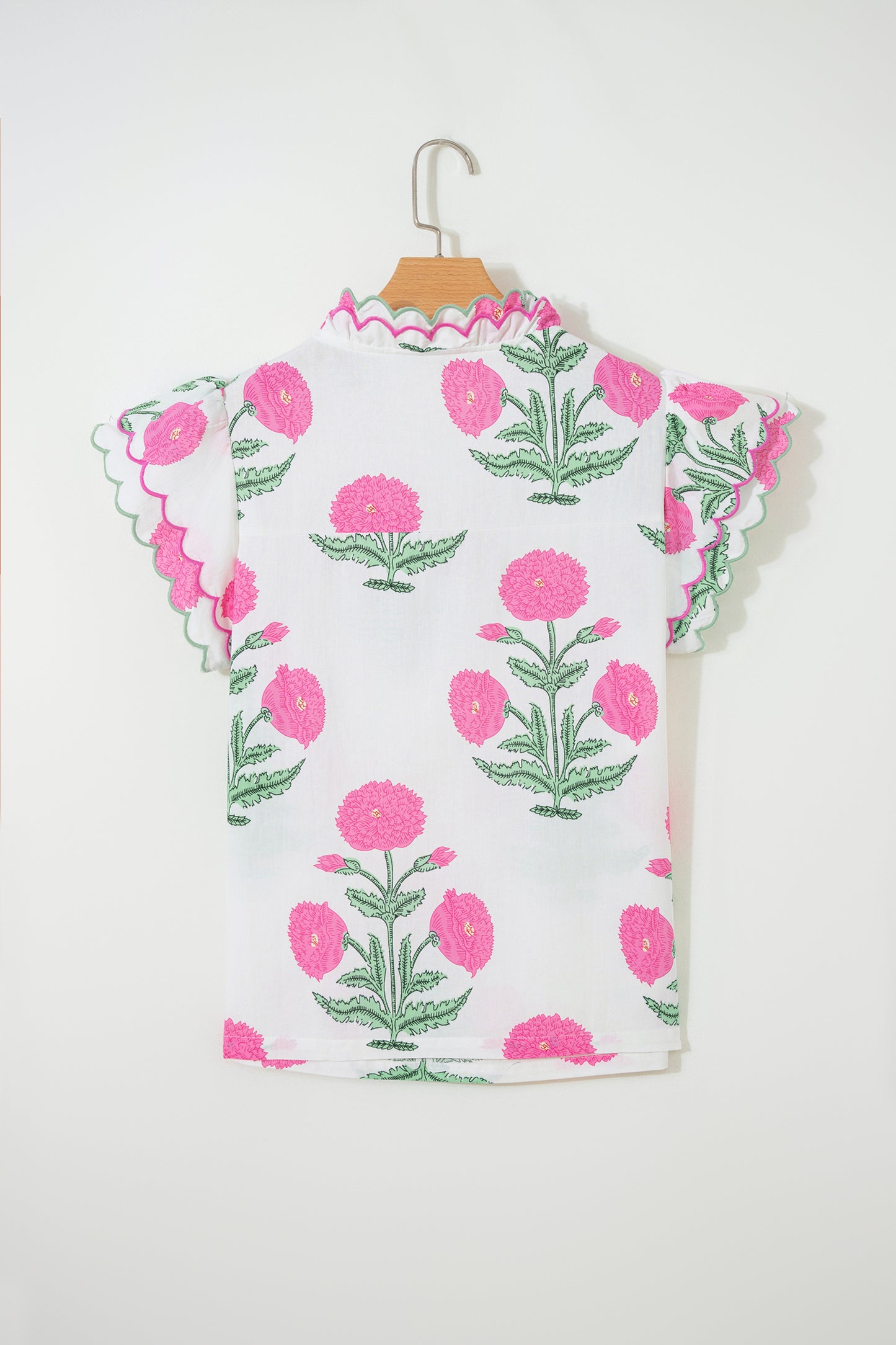 Flower Scallop Contrast Trim Short Sleeve Blouse