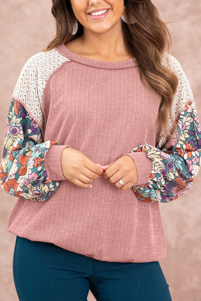 Floral Lace Patchwork Ribbed Blouse