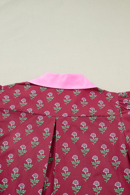 Floral Contrast Collared V-Neck Ricrac-Trim Blouse
