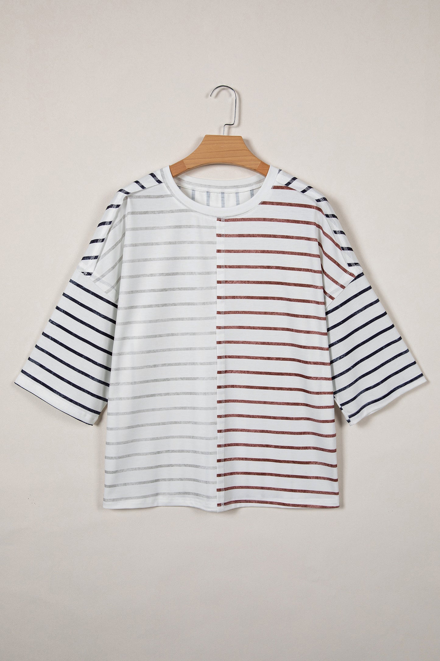 Stripe Colorblock 3/4 Sleeve Loose T-Shirt