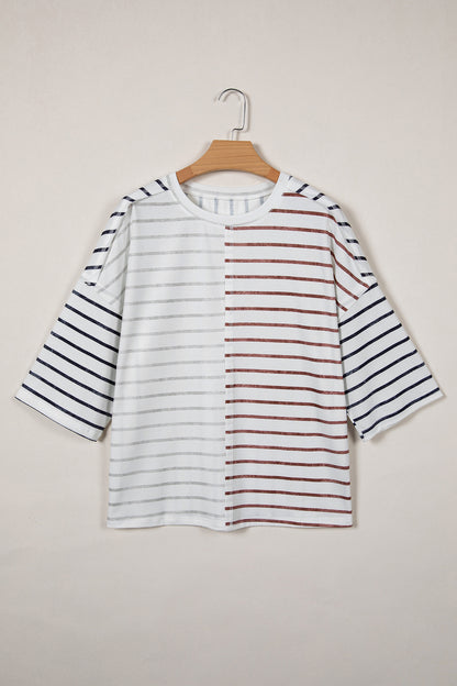 Stripe Colorblock 3/4 Sleeve Loose T-Shirt