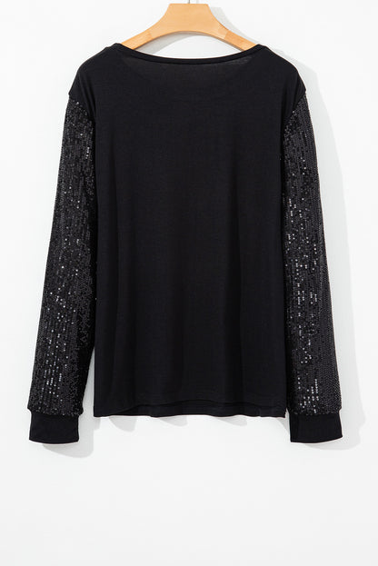 Plus Size Sequin Contrast Long Sleeve Top