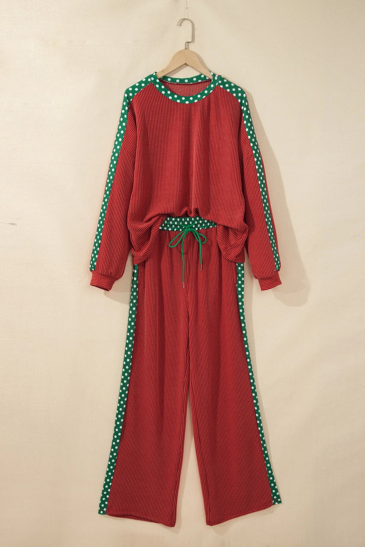 Leopard/Polka Dot Trim Long Sleeve Top & Pants Set