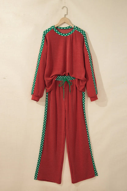 Leopard/Polka Dot Trim Long Sleeve Top & Pants Set