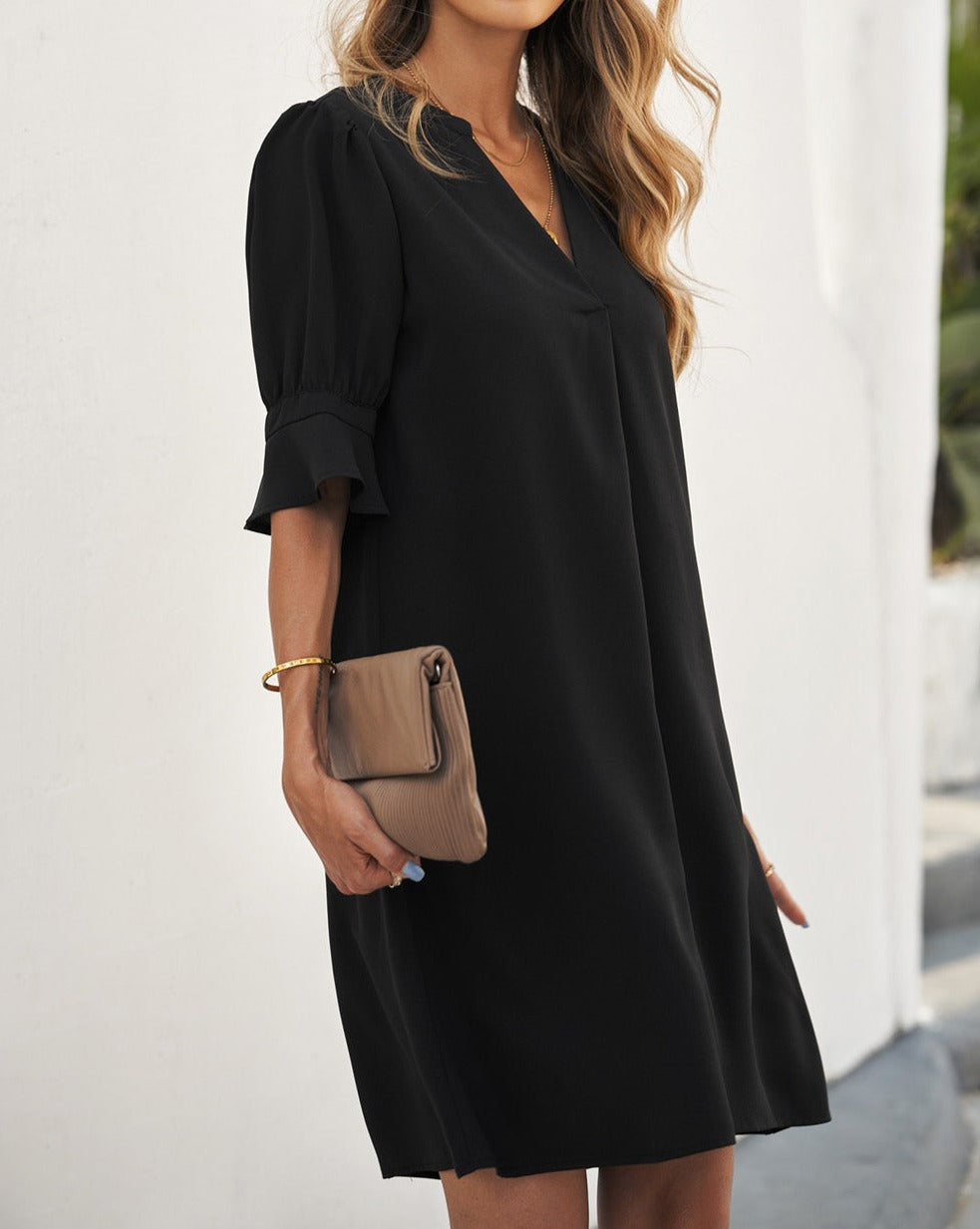 Ruffle 3/4 Sleeve V-Neck Dress