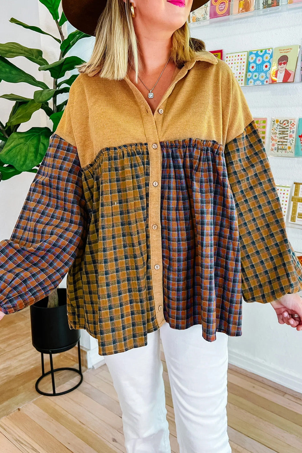 Plaid Colorblock Puff Sleeve Shirt