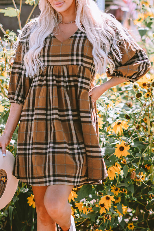 Plaid Puff Sleeve Babydoll Dress