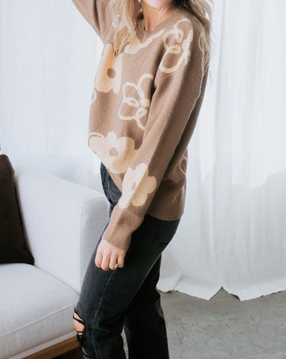 Floral Drop Shoulder Crewneck Sweater