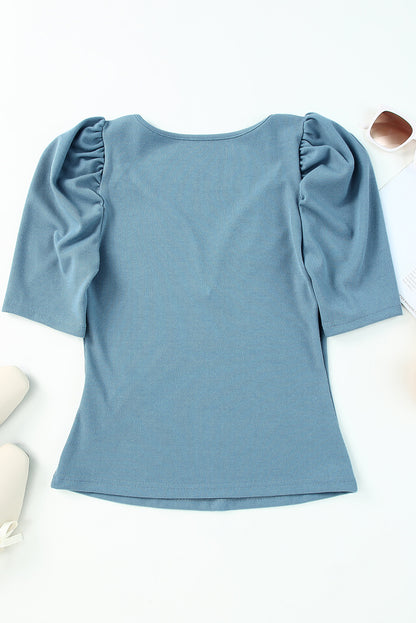 Ribbed Ruched Sleeve V Neck Top