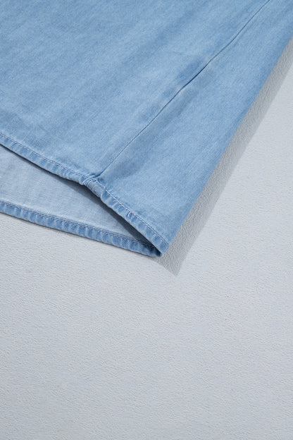Western Denim Chambray Ruffle V-Neck Long Sleeve Blouse