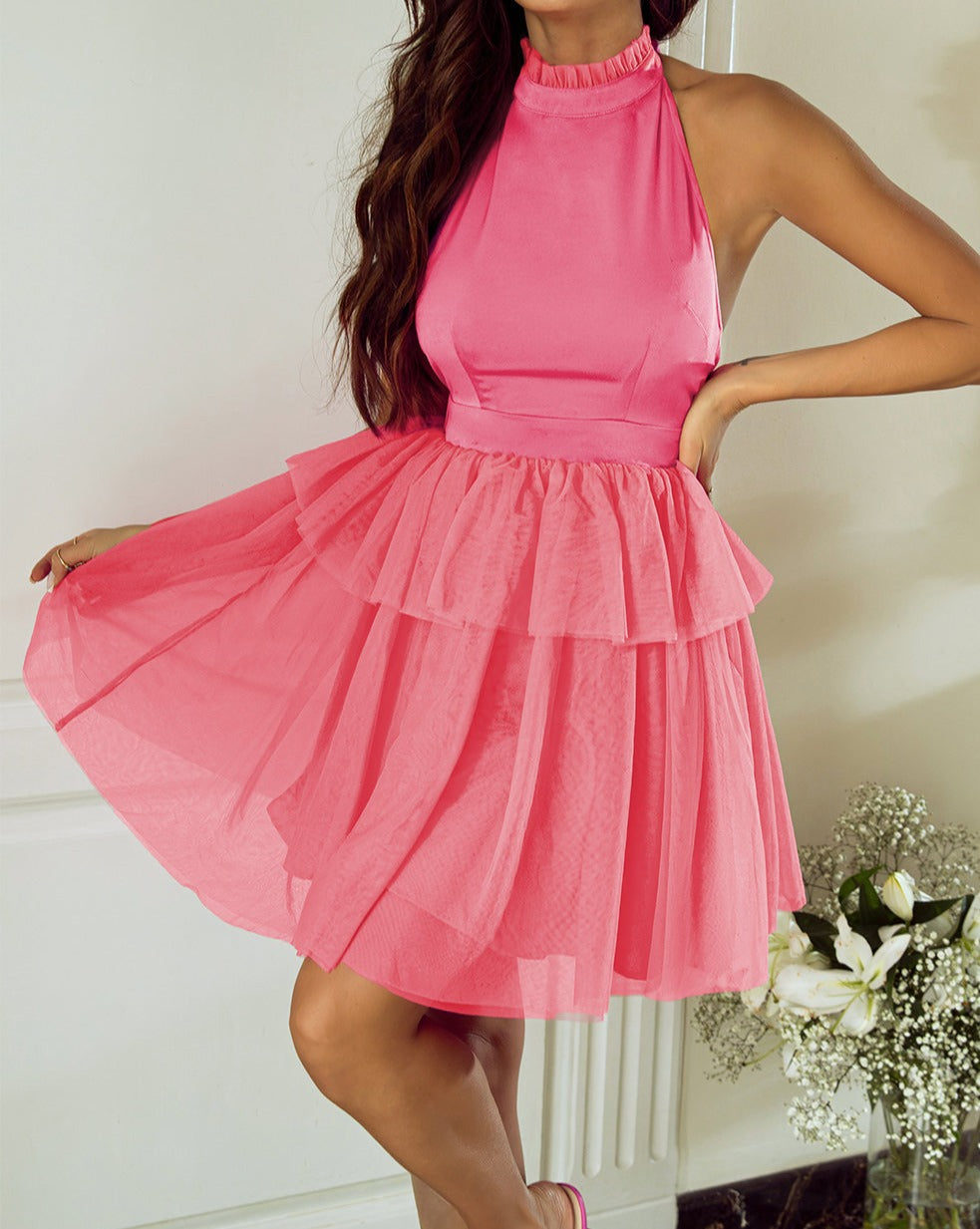 Gauze Tiered Tied Halter Dress