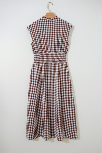 Gingham Plaid Zipped Cinched Waist Maxi Dress