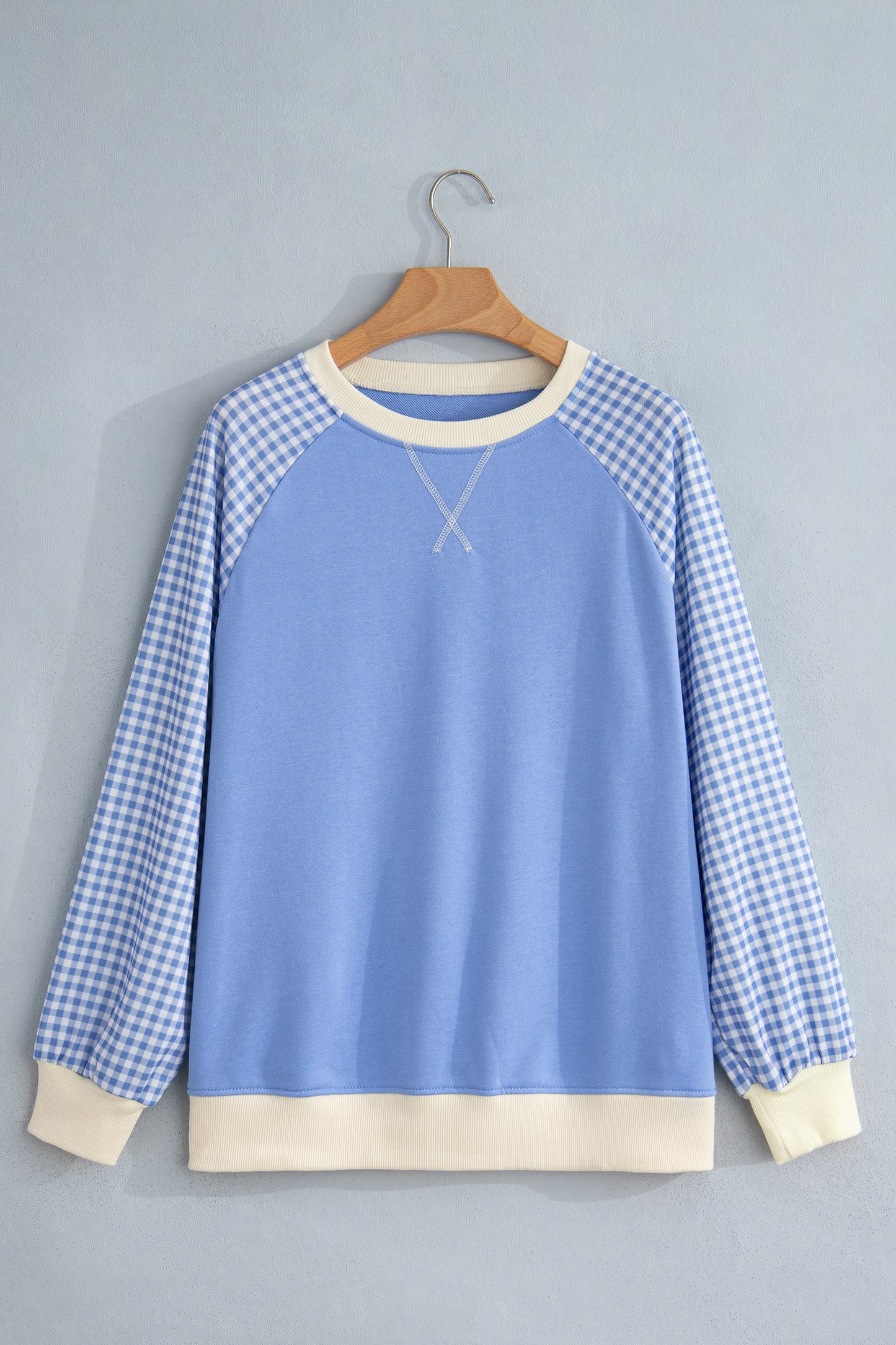 Gingham Colorblock Long Sleeve Raglan Pullover Sweatshirt