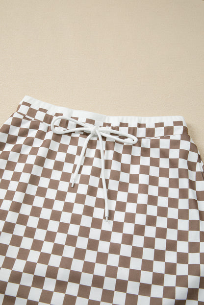 Checker Long Sleeve Top and Drawstring Mini Skirt Set