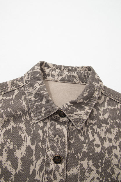 Abstract Denim Raw Hem Buttoned Collar Jacket