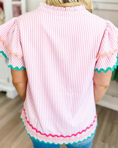 Stripe Ric-Rac Ruffle Sleeve Blouse