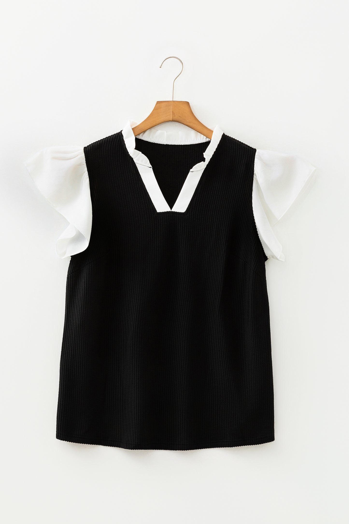 Plus Size Colorblock Corded Knit Ruffle Sleeve Blouse