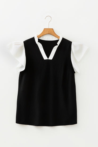 Plus Size Colorblock Corded Knit Ruffle Sleeve Blouse