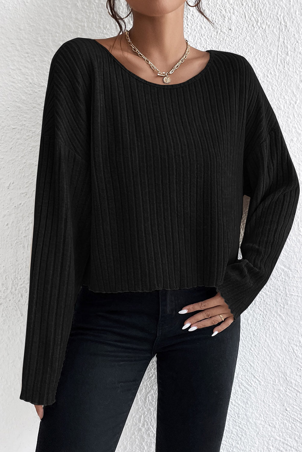 Ribbed Lettuce Edge Long Sleeve Top