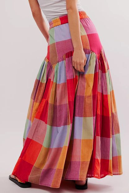 Plaid Ruched High Waist Maxi Skirt