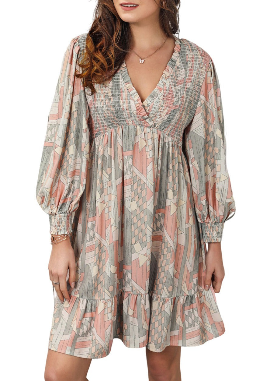 NEW! Abstract Long Sleeve Ruffle Dress