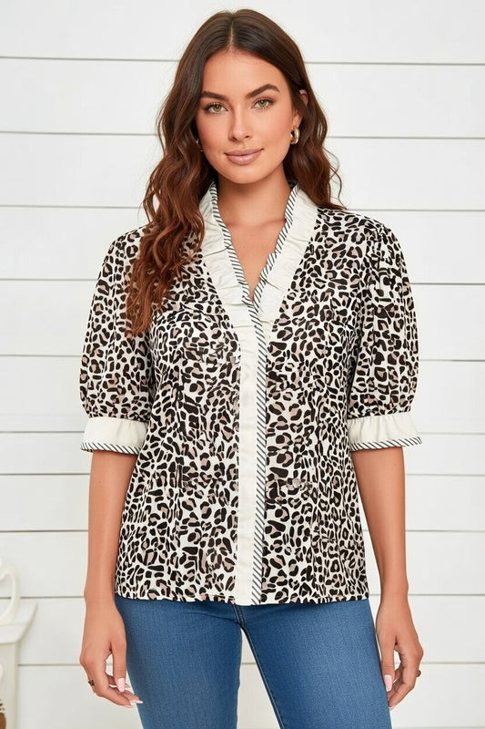 Leopard Colorblock Stripe V-Neck Short Sleeve Blouse