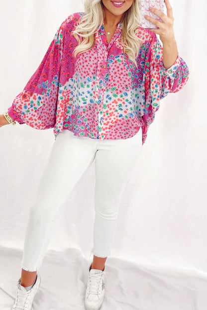 Floral Buttoned V-Neck Oversized Shirt