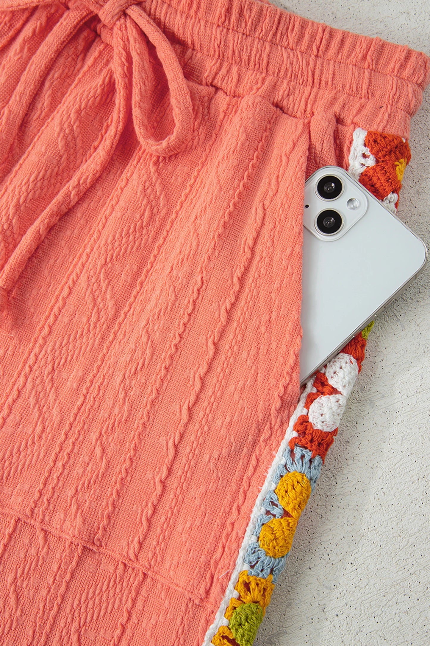 Floral Crochet Trim Textured Top and Pants Set