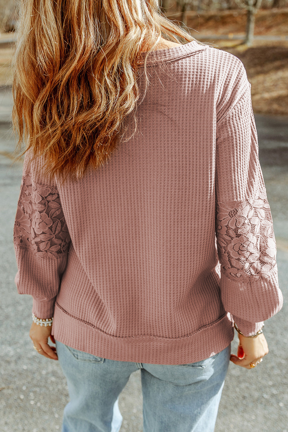 Lace Waffle Patchwork Long Sleeve Top