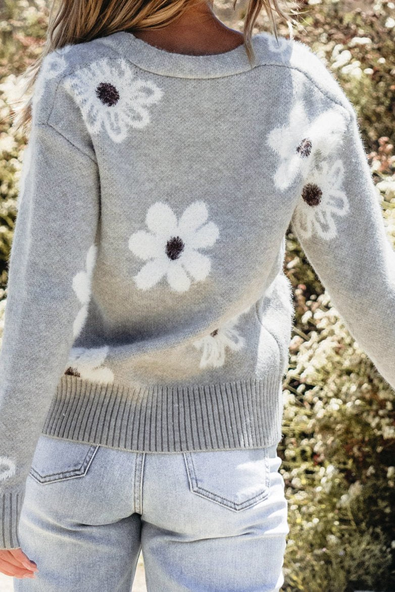 Floral V-Neck Knit Buttoned Cardigan