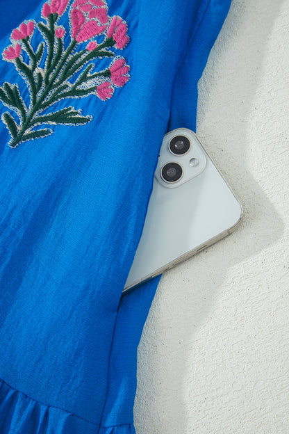 Flower Embroidered Puff Sleeve Ruffle Hem Dress