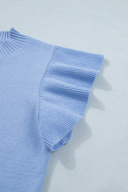 Solid Ruffle Sleeve Round Neck Ribbed Sweater