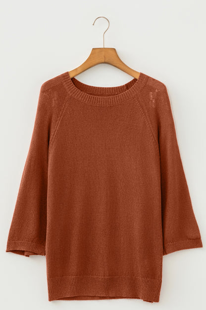 Ribbed Knit Round Neck 3/4 Sleeve Sweater