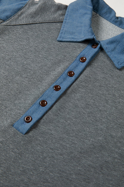 Colorblock Denim Patchwork Shirt Collar Blouse