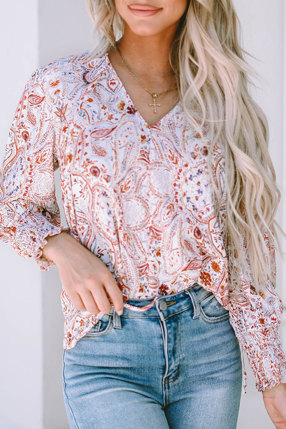 Boho Paisley Smocked Cuff Blouse