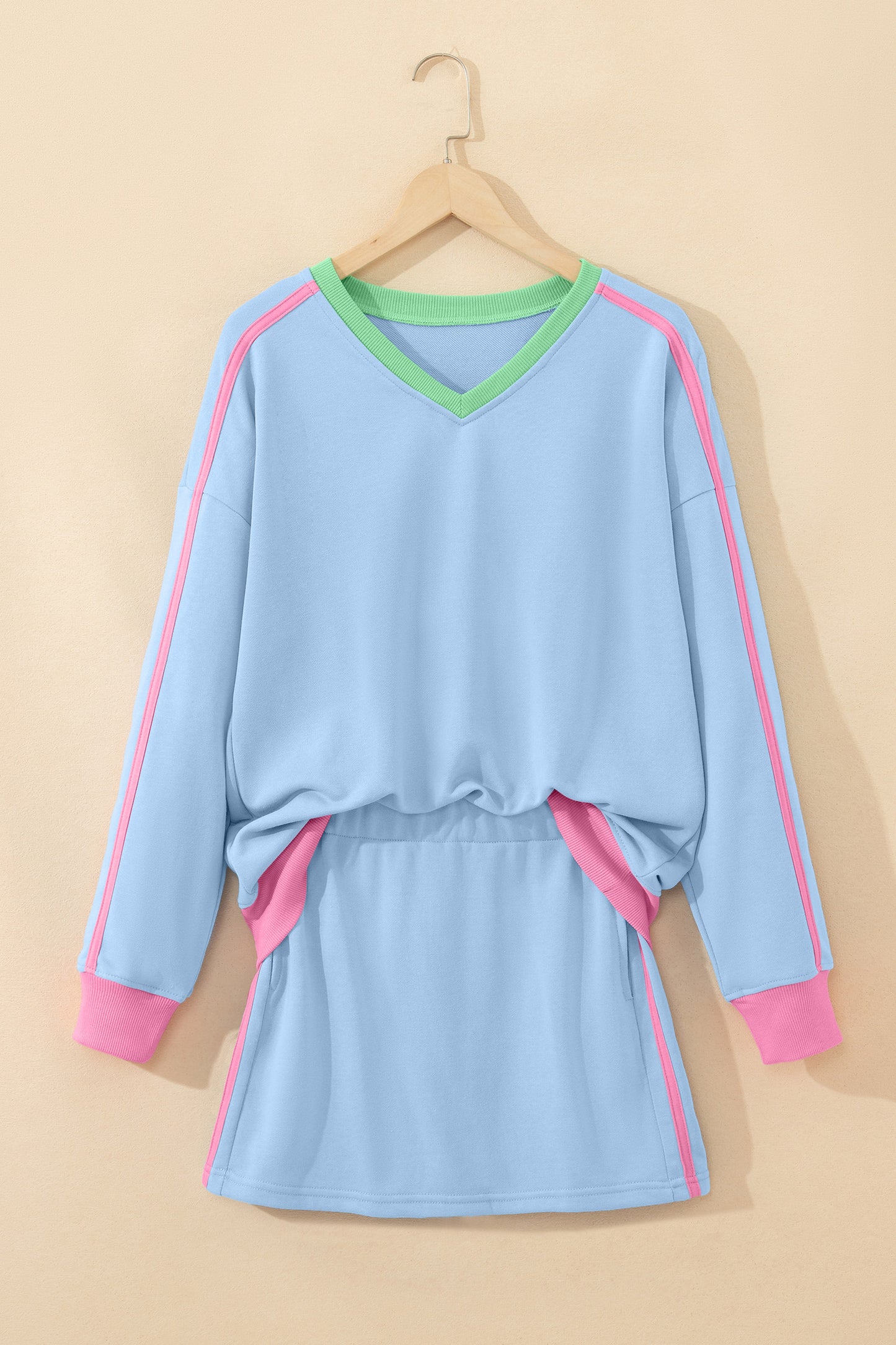 Colorblock Ribbed V-Neck & Skort Athleisure Set