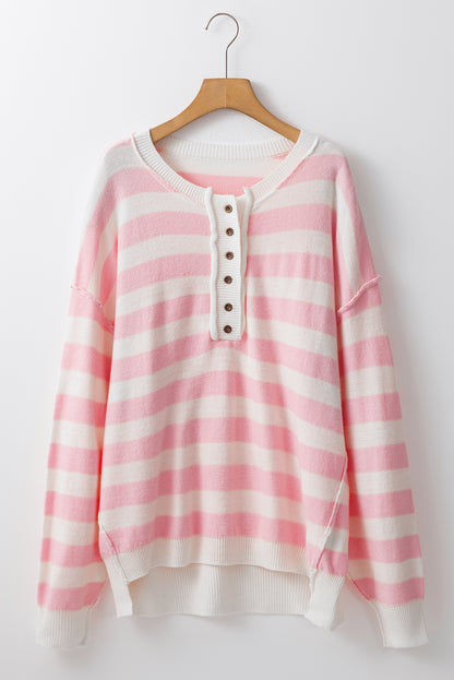 Stripe Half Buttoned Drop Shoulder Sweater