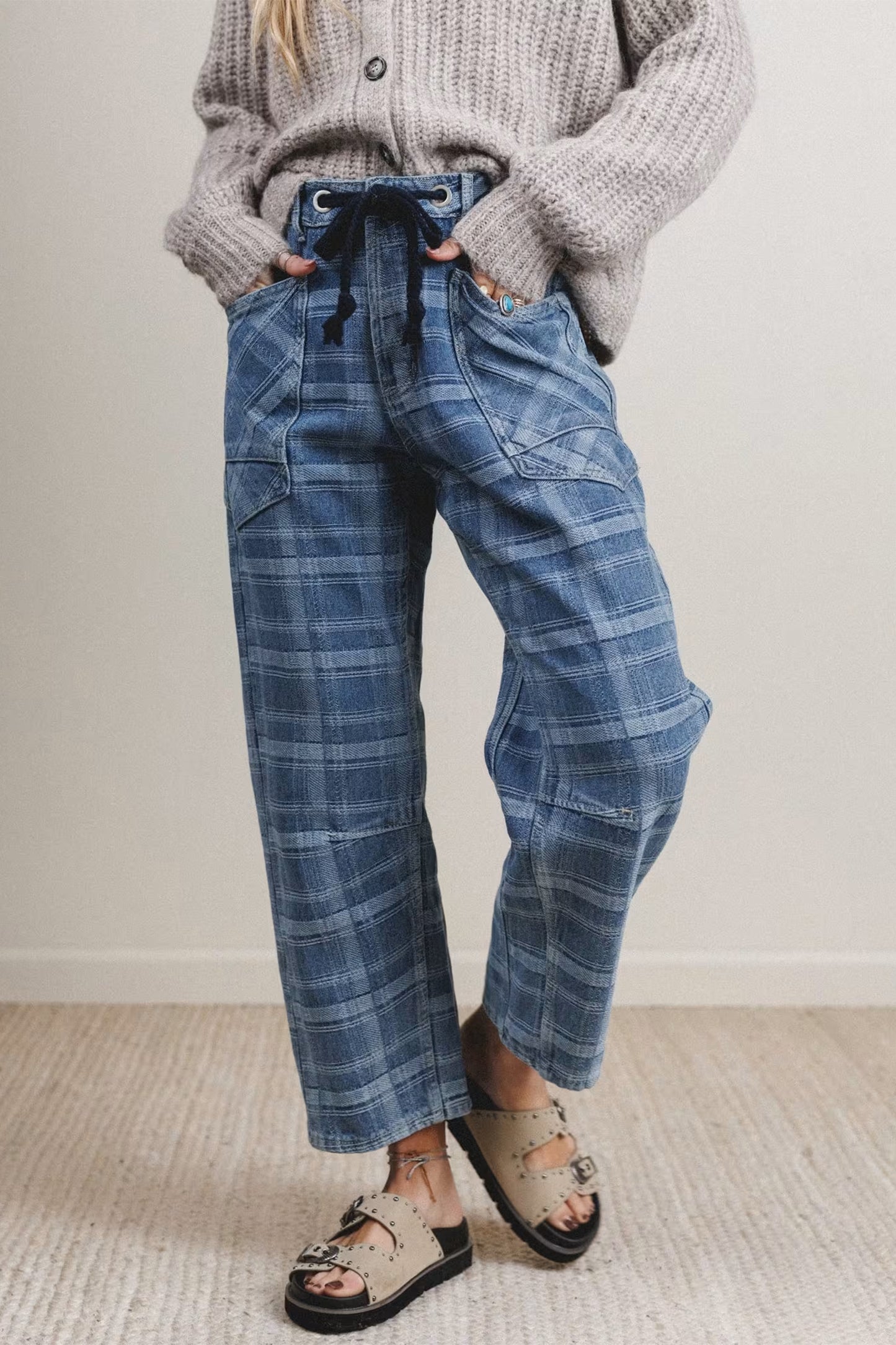 Denim Plaid Grommet Drawstring Waist Jeans
