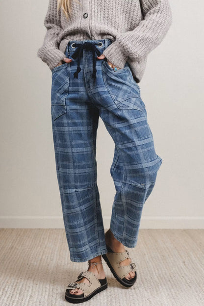 Denim Plaid Grommet Drawstring Waist Jeans