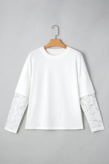 Lace Insert Long Sleeve Drop Shoulder Tee