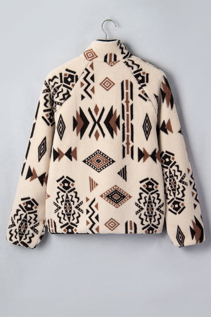 Aztec Fleece Zip Up Collar Long Sleeve Jacket