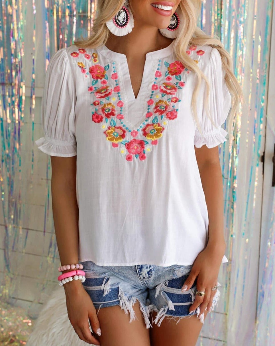 Floral Embroidered Ruffle Blouse