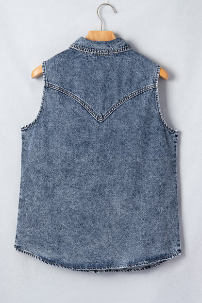 Western Solid Denim Buttoned Pocket Sleeveless Vest