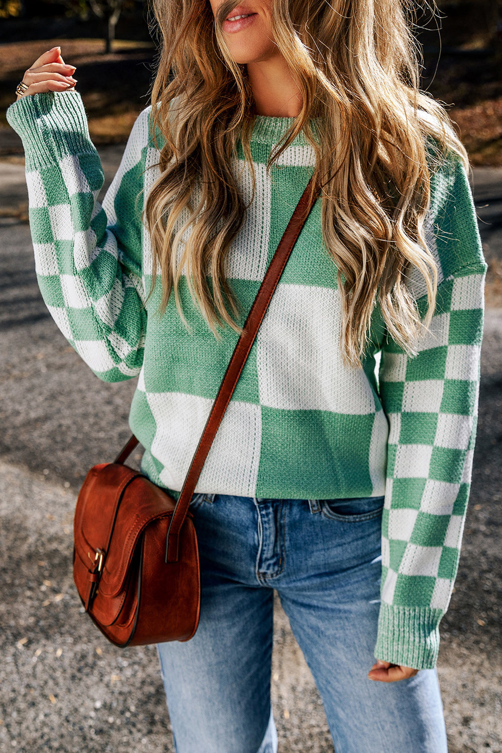 Checker Patchwork Ribbed Trim Sweater