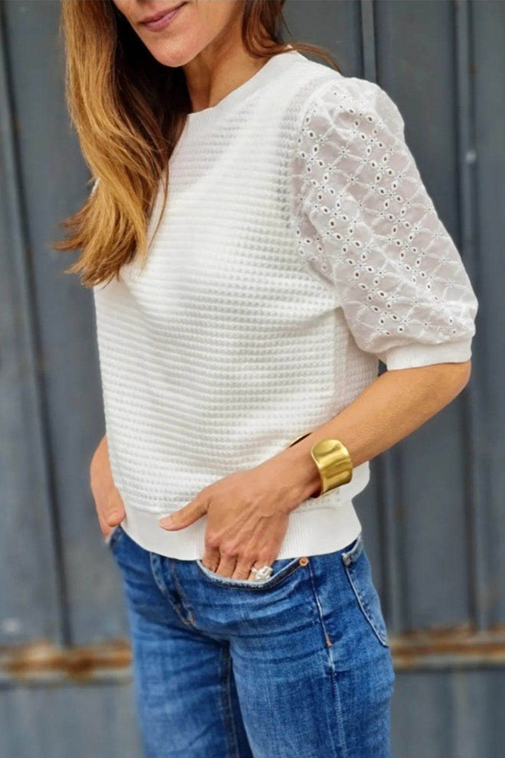 Waffle Eyelet Puff Sleeve Tee