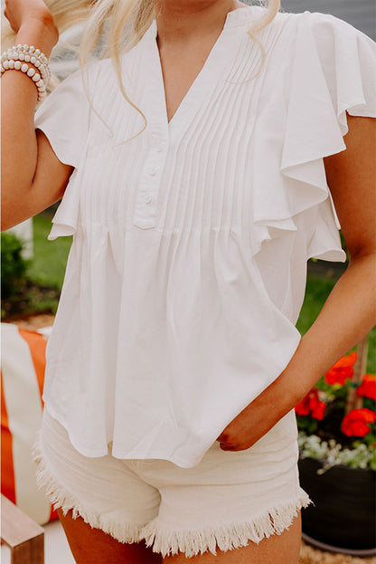 Pleated Front Ruffle Sleeve Shirt