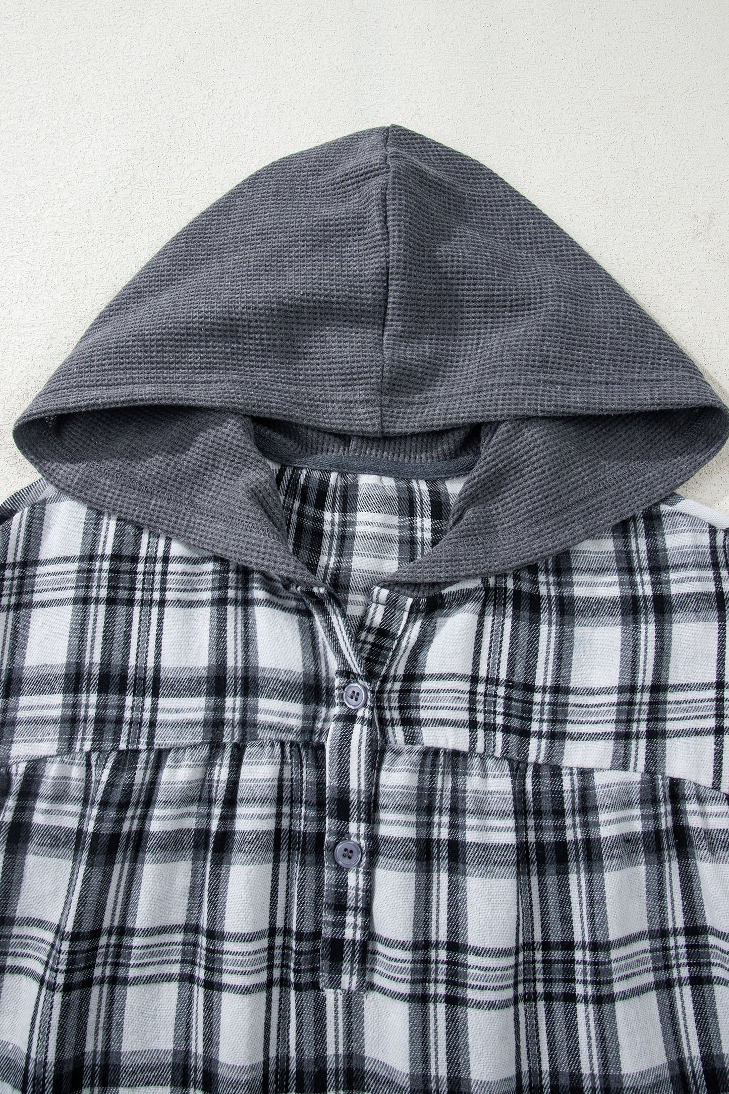 Plaid Quarter-Button Patchwork Long Sleeve Hooded Blouse